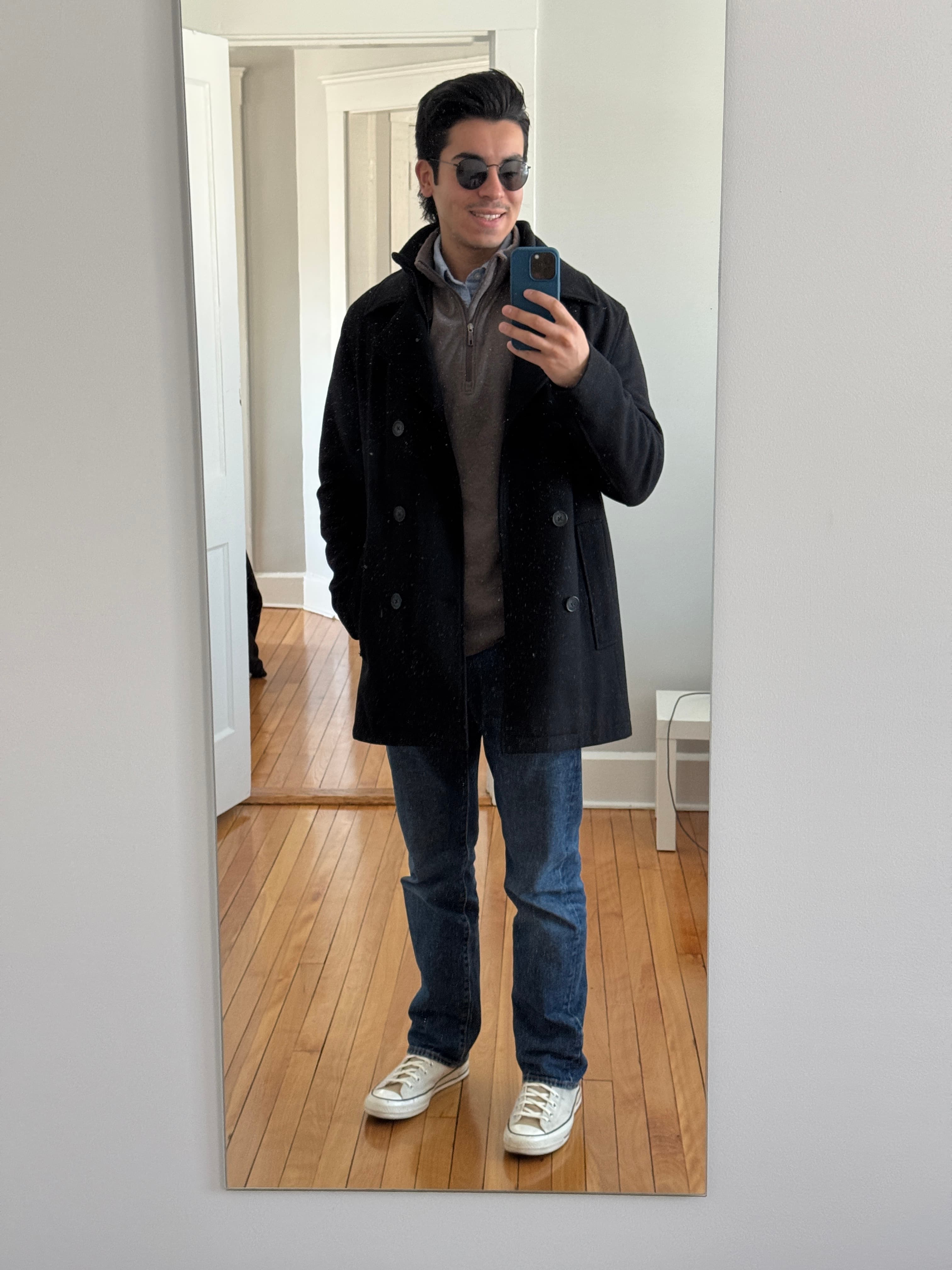 Mirror selfie with peacoat and Converse